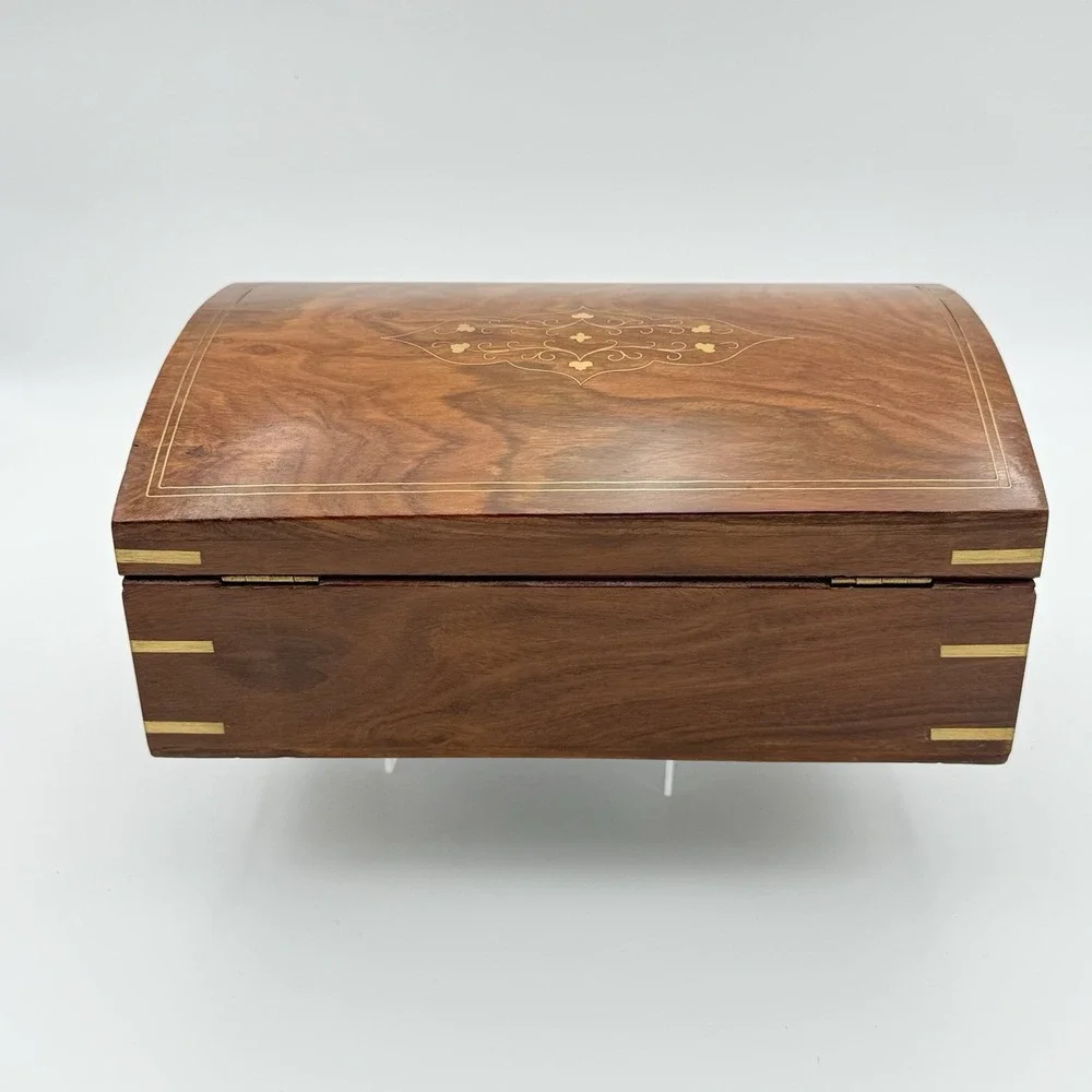 Vintage Wood Jewelry Keepsake Box Brass Inlay Locking - 2 Keys Felt Lined, 12x8